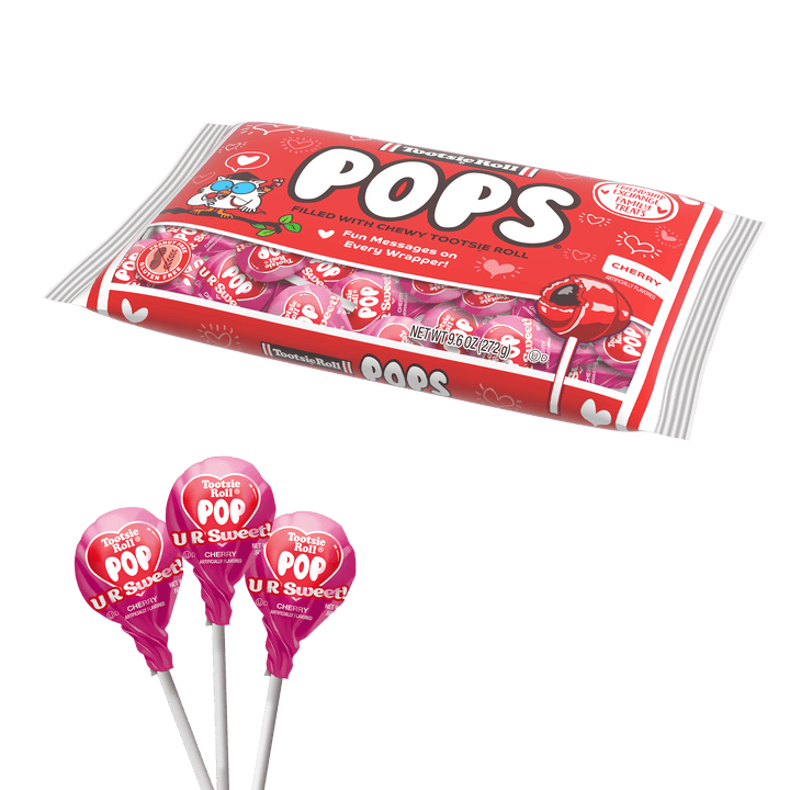 Tootsie Pops Cherry Flavor (9.6 oz. / Approx. 16 ct. Bag) with lollipops next to it