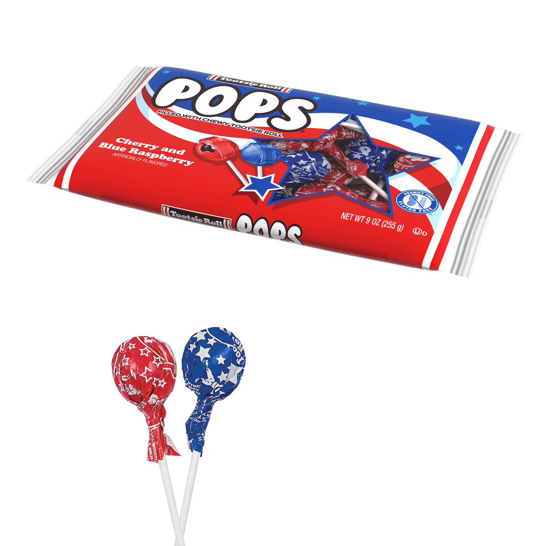 Tootsie Pops Flag Bag (9 oz. Bag) with lollipops next to it