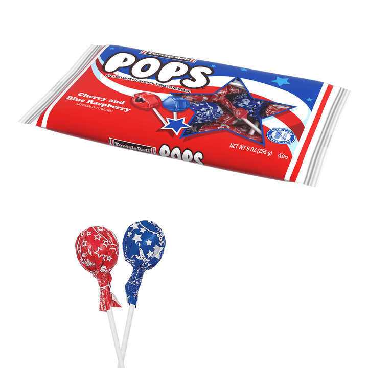 Tootsie Pops Flag Bag (9 oz. Bag) with lollipops next to it