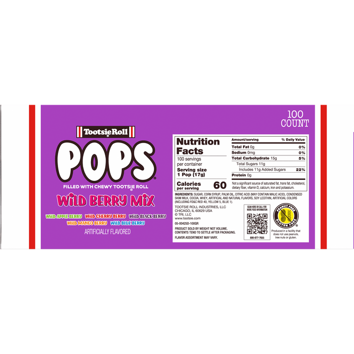 Tootsie Pops Assorted Wild Berry Flavors (100 ct. Box) Nutrition Facts Panel