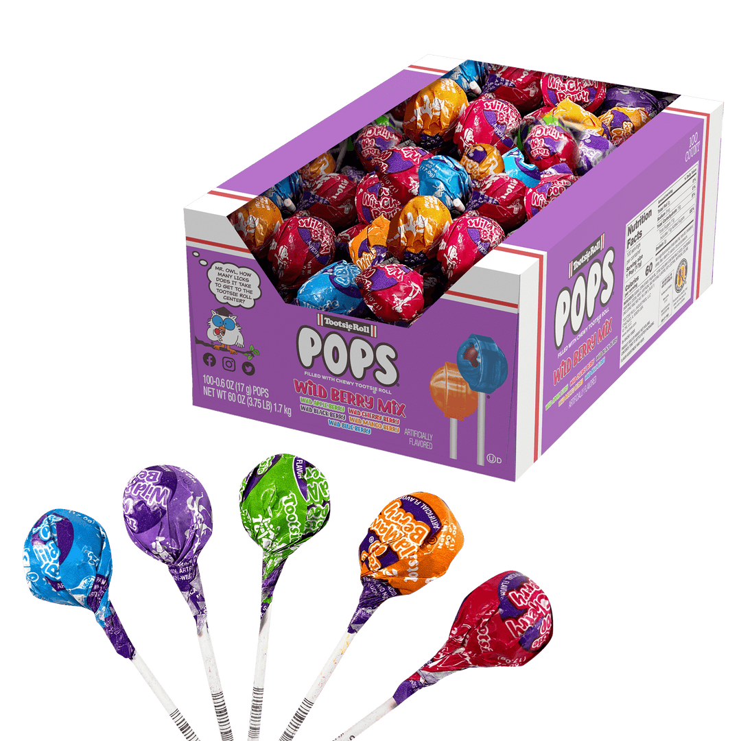 Tootsie Pops Assorted Wild Berry Flavors (100 ct. Box) with lollipops next to it