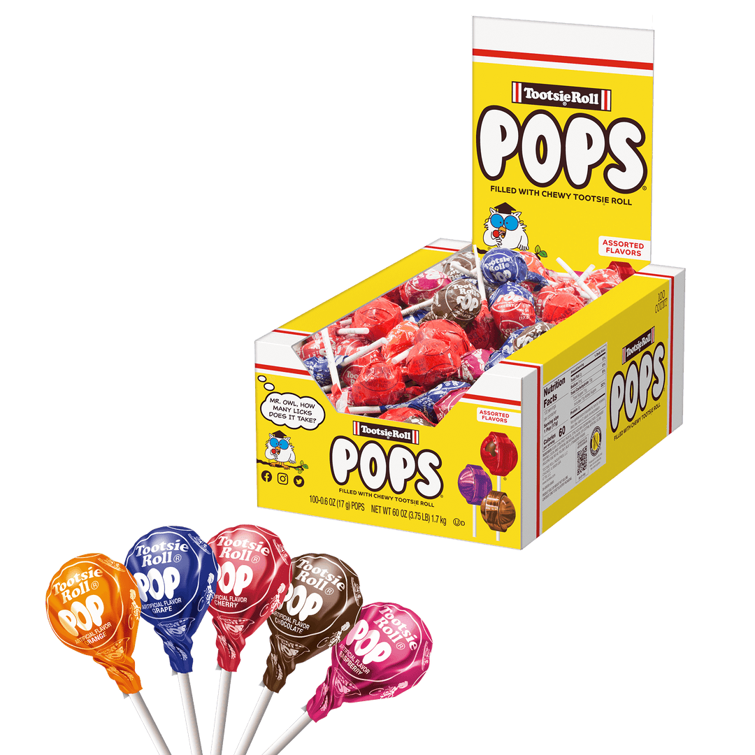 Tootsie Pops Assorted Flavors (100 ct. Box) with lollipops in front of it