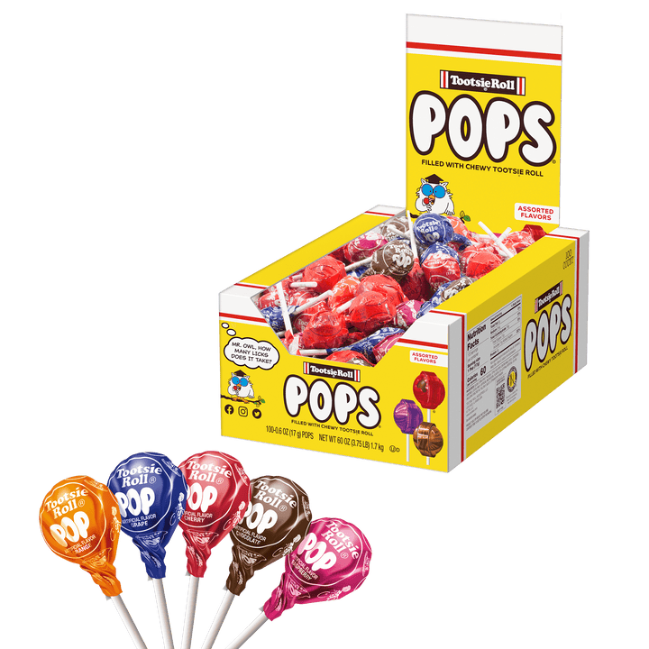 Tootsie Pops Assorted Flavors (100 ct. Box) with lollipops in front of it