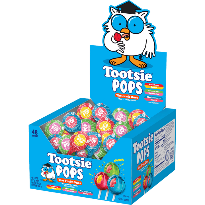 Box of Tootsie Pops candy with cartoon owl character 