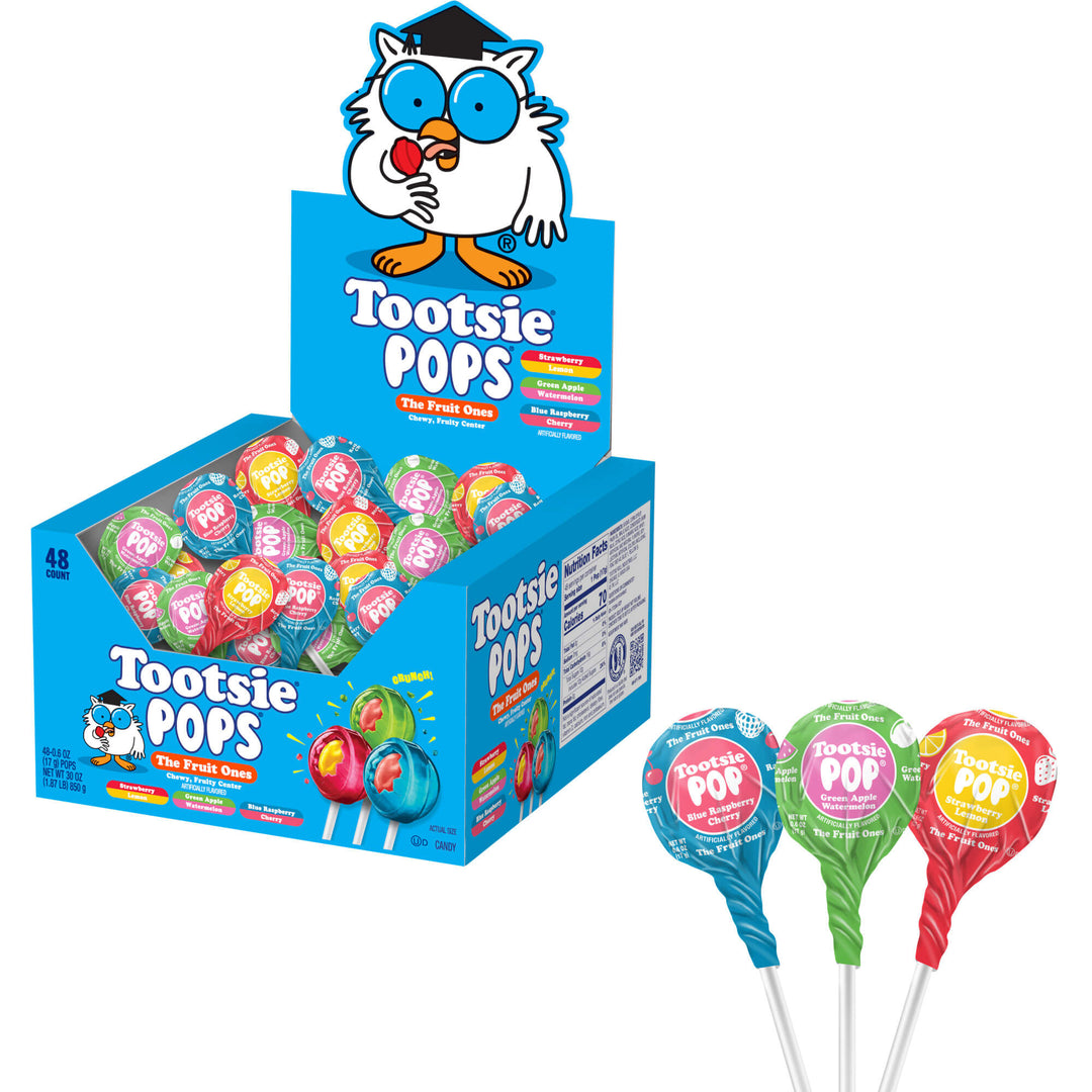 Tootsie Pops candy display with colorful lollipops and packaging on a white background