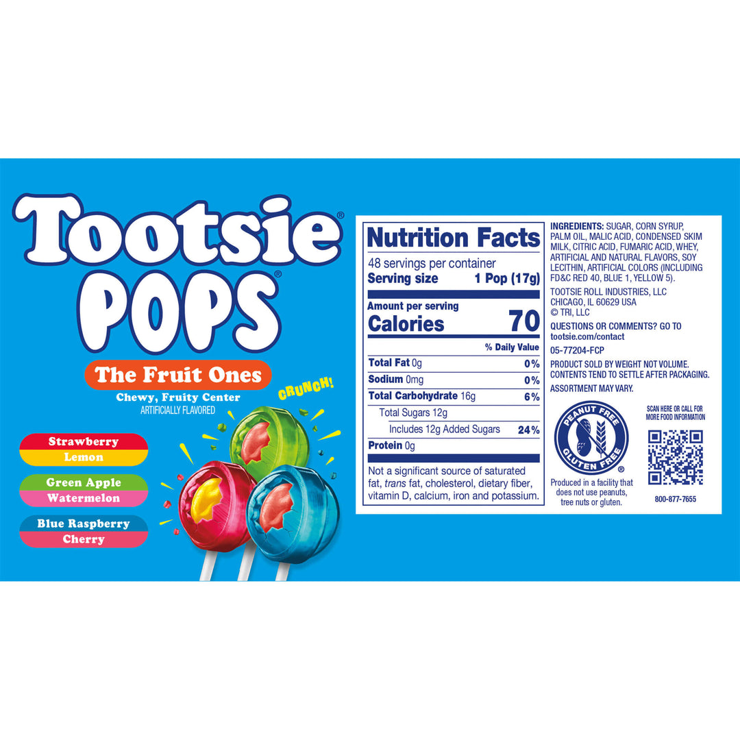 Tootsie Pops candy package with nutrition facts label on a white background