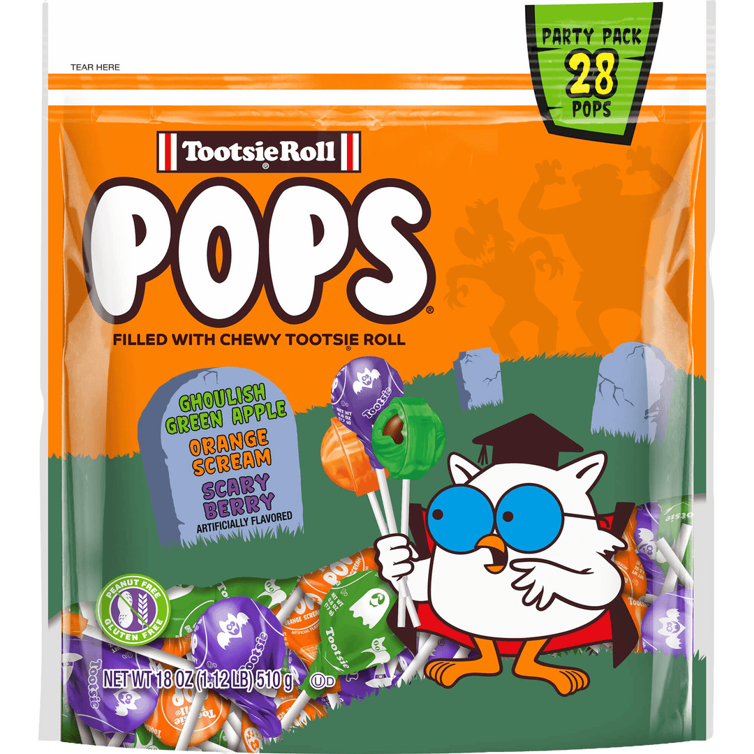 Tootsie Roll Pops Halloween-themed packaging with cartoon owl character and candy illustration.