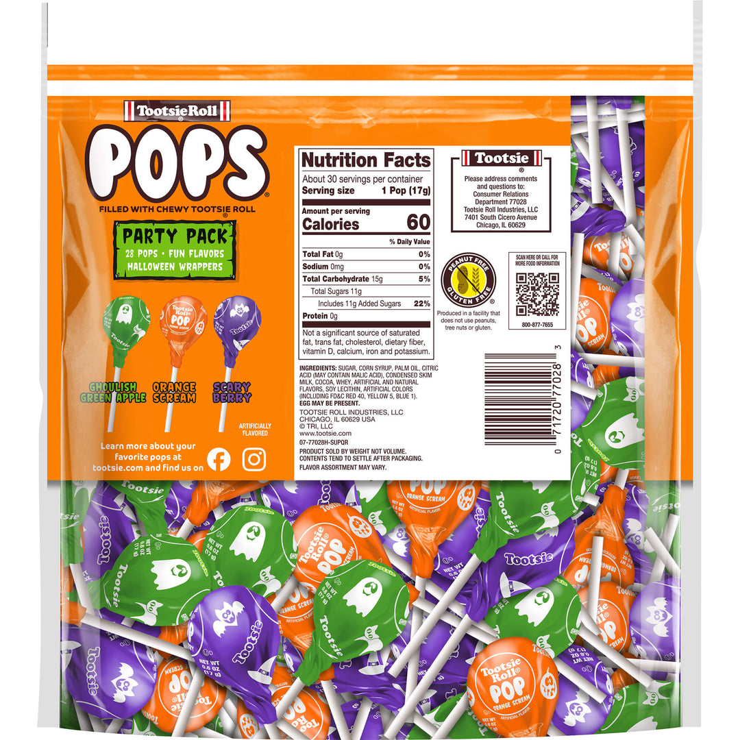 Packaging of Tootsie Roll Pops with colorful lollipops and nutritional information.