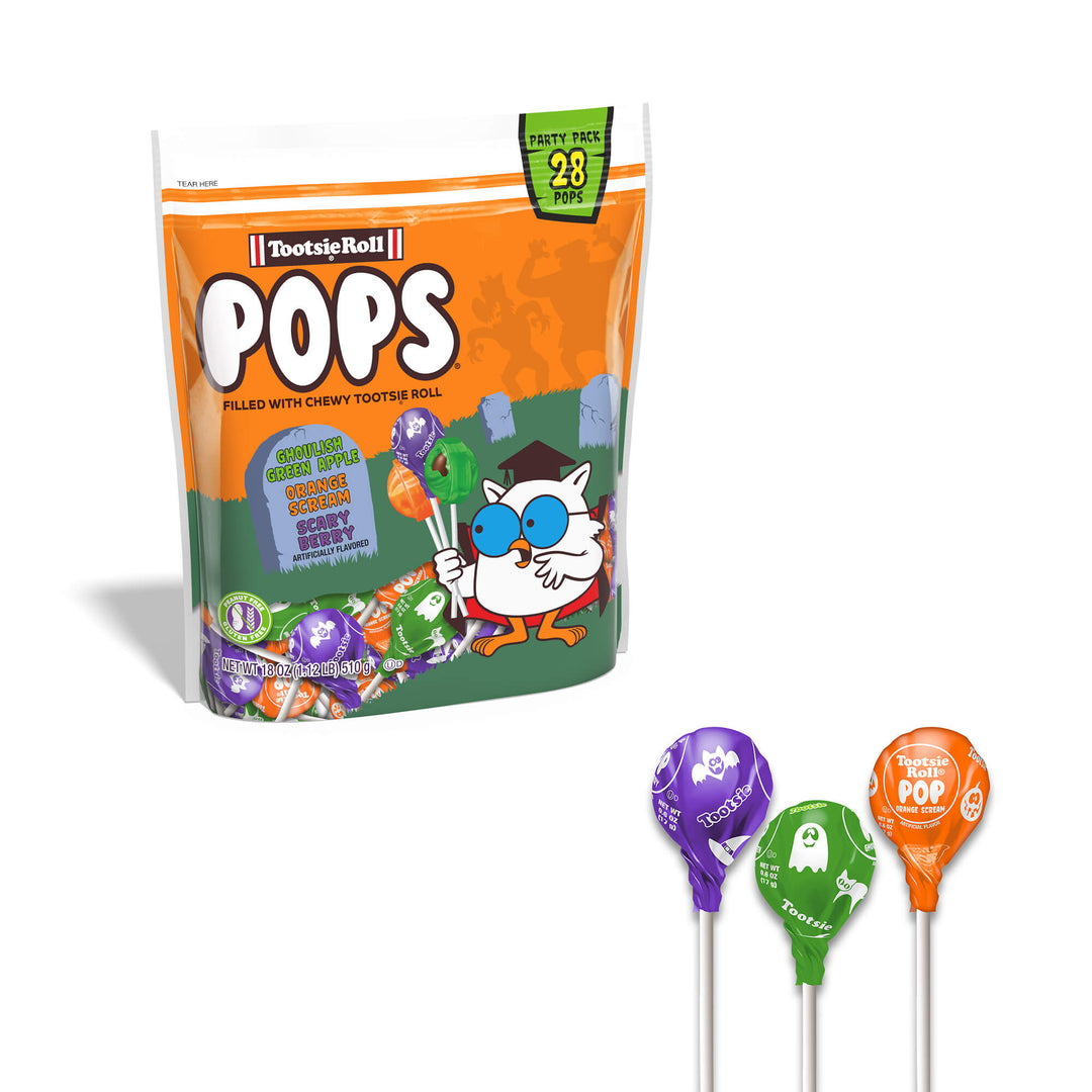 Tootsie Roll Pops Halloween packaging with lollipops displayed in front.