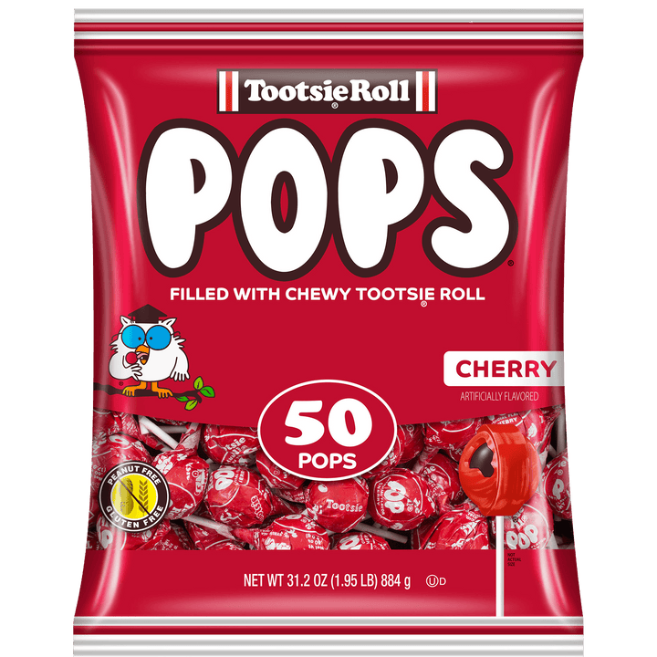 Red Tootsie Roll Pops bag with a whimsical owl character, stating "50 Pops," depicting cherry flavor. The image conveys a playful, nostalgic tone.