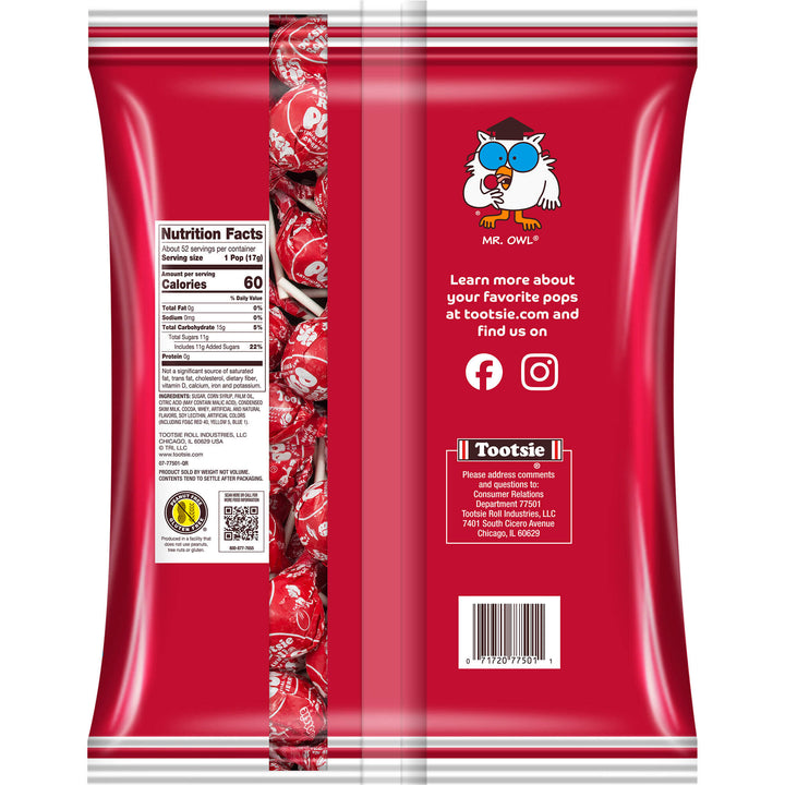 Back of a red Tootsie Roll Pops package featuring Mr. Owl illustration, nutrition facts on the left, and social media icons on the right with contact info.
