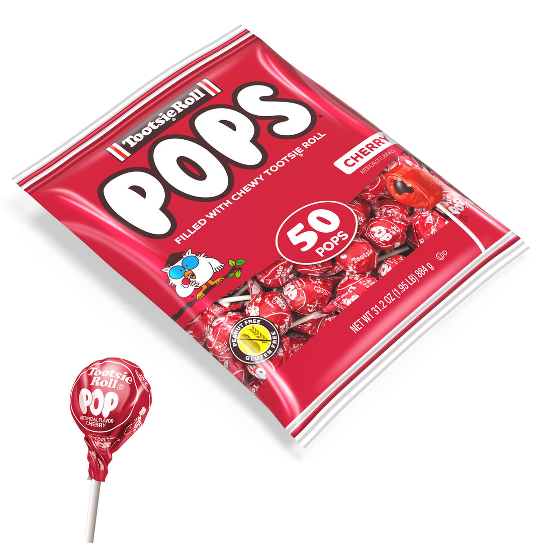 Red Tootsie Roll Pops package containing 50 cherry-flavored lollipops, known for a chewy center. A single lollipop is shown at the bottom left.