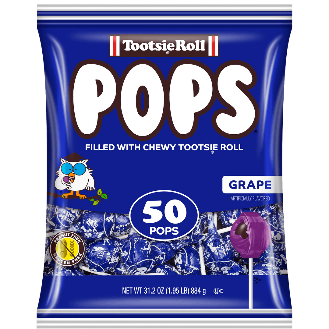 Blue bag of Tootsie Roll Pops, grape flavor, showing a cartoon owl and a single purple lollipop. Contains 50 peanut and gluten-free pops.