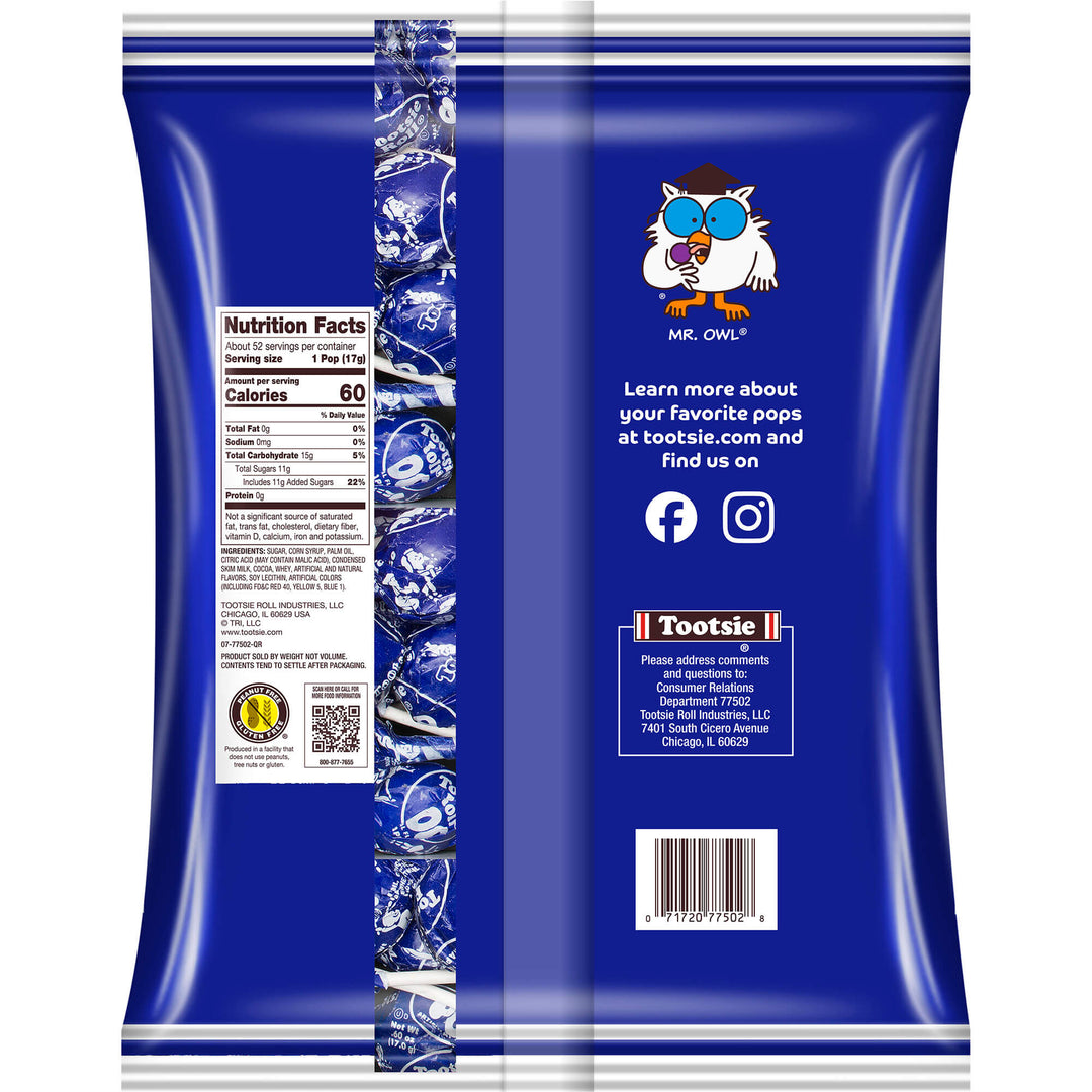 Blue Tootsie Pop package back showing Mr. Owl illustration, nutrition facts, and social media icons for Facebook and Instagram. Energetic and playful.