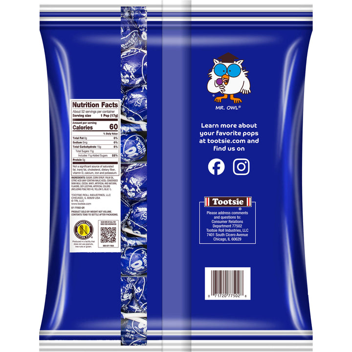 Blue Tootsie Pop package back showing Mr. Owl illustration, nutrition facts, and social media icons for Facebook and Instagram. Energetic and playful.