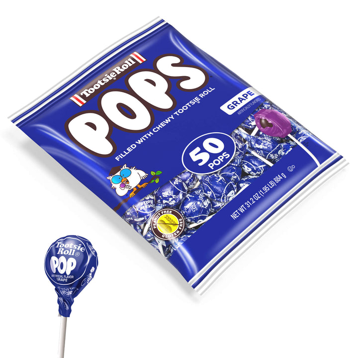 Bag of Tootsie Roll Pops in grape flavor, showing an owl mascot and 50 pops. A single wrapped lollipop is displayed next to the bag.