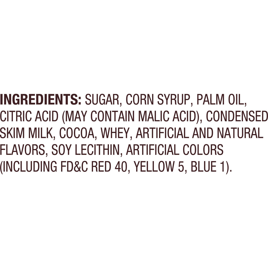 Text image listing ingredients: sugar, corn syrup, palm oil, citric acid, condensed skim milk, cocoa, whey, flavors, soy lecithin, and colors.