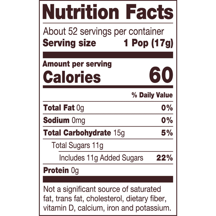 Nutrition facts label showing 60 calories per 17g serving. Zero fat, sodium, and protein. Contains 15g carbohydrates, 11g sugars, and 22% added sugars.