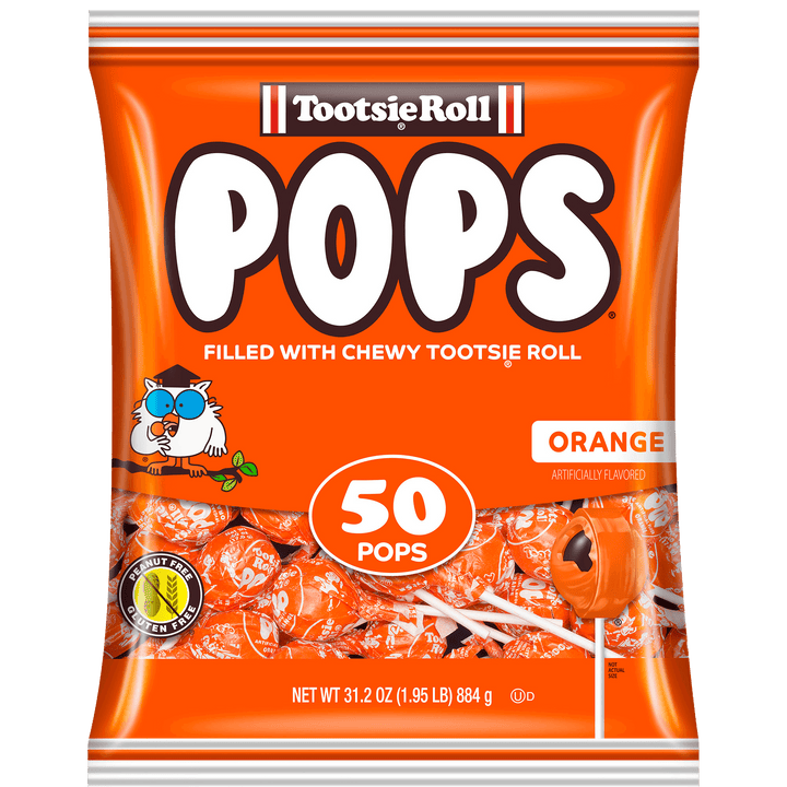 Orange bag of Tootsie Roll Pops, featuring a cartoon owl with glasses and cap. Large "50 Pops" label, indicating orange flavor, on a bright background.