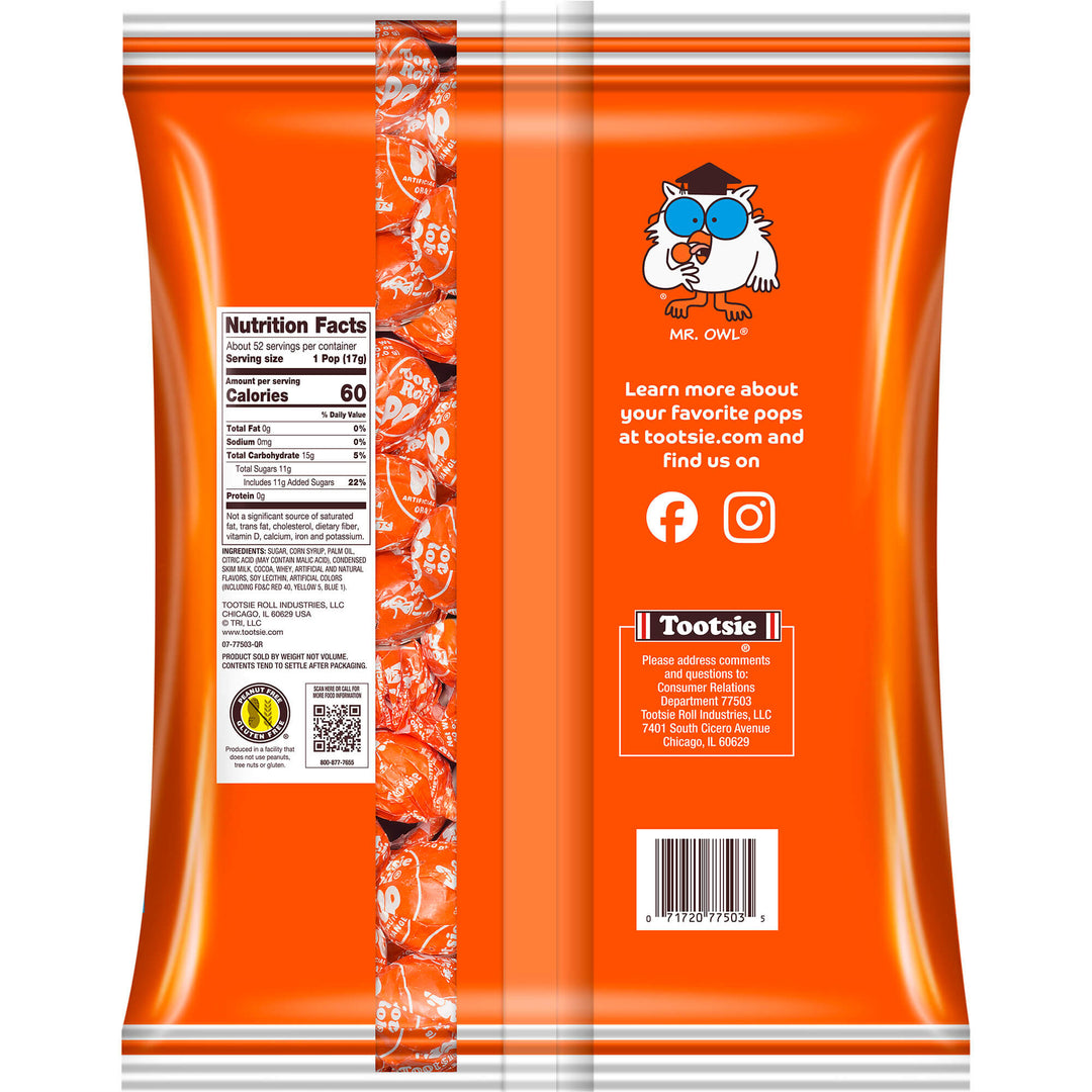 Back of an orange candy bag featuring a cartoon owl with glasses. Includes nutrition facts, social media icons, and Tootsie Roll branding.