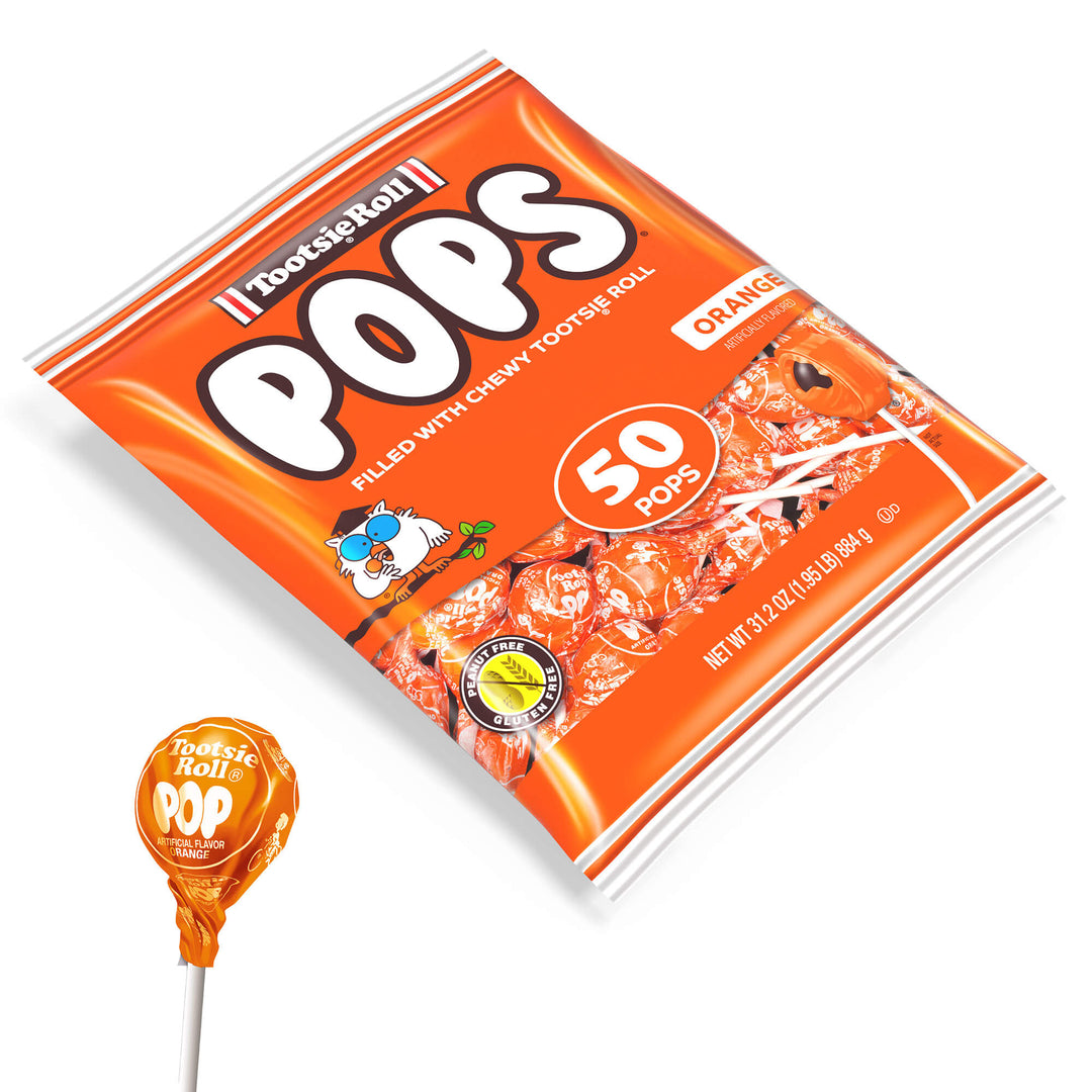 Orange package of Tootsie Roll Pops with 50 lollipops. Features an illustrated owl and bold text. One orange-flavored lollipop shown separately.