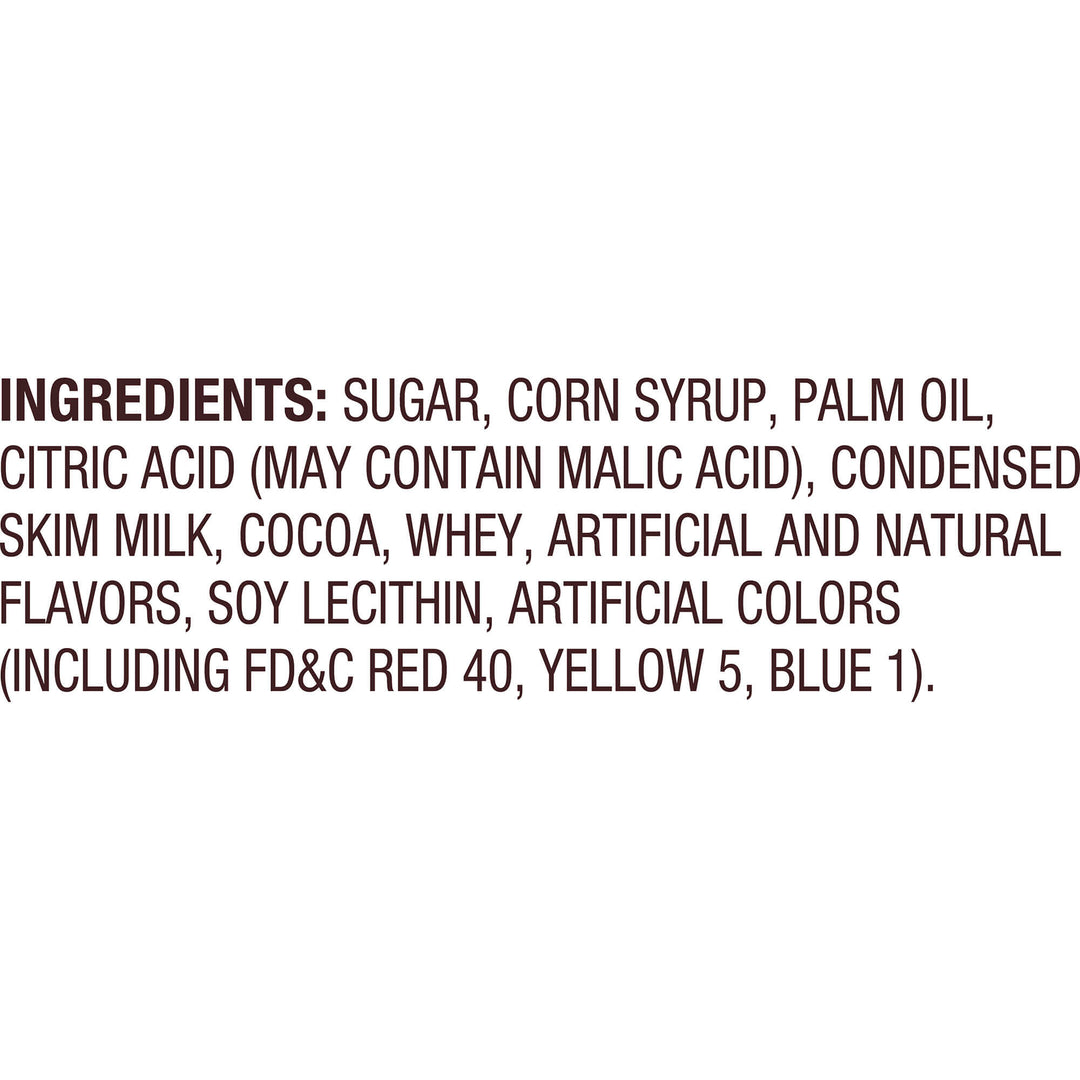 Ingredients list in bold text: sugar, corn syrup, palm oil, citric acid, cocoa, whey, flavors, soy lecithin, artificial colors including Red 40.