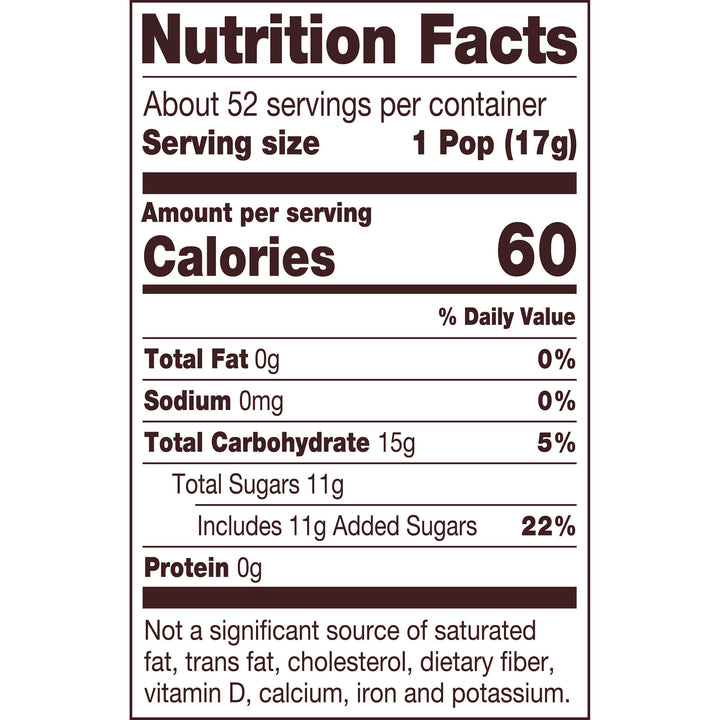 Nutrition facts label for a popsicle. One serving is 60 calories, with 0g fat, 0mg sodium, 15g carbs, 11g sugar, and 0g protein.