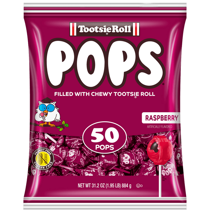 Packaging of Tootsie Roll Pops, raspberry flavor, with an illustrated owl wearing glasses. Display shows "50 Pops" in a vibrant purple bag.