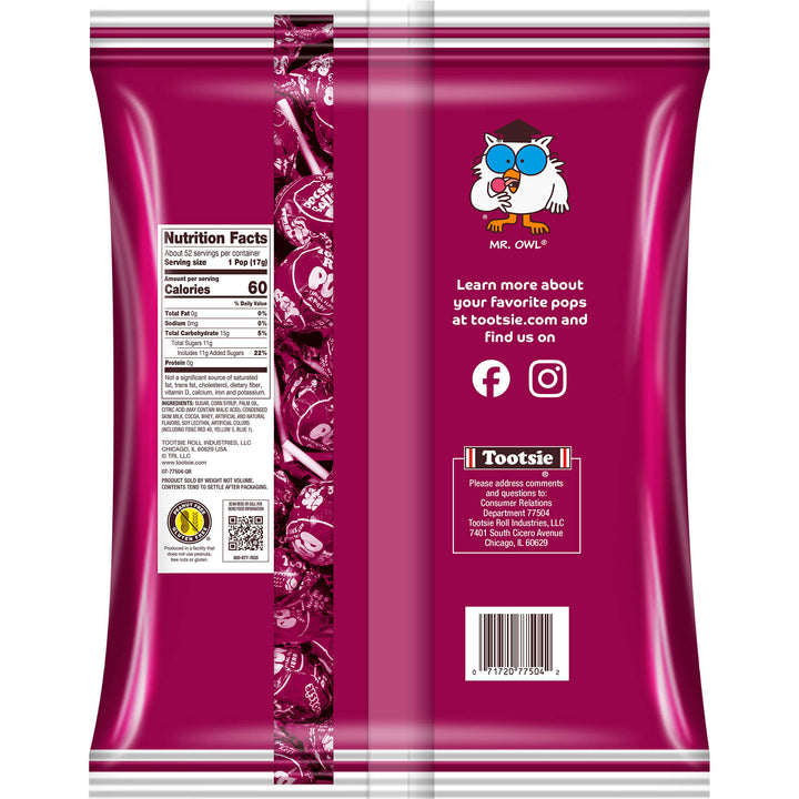 The image shows the back of a bright purple Tootsie Pops bag featuring nutrition facts, a cartoon owl, and social media icons. It conveys a fun and engaging tone.