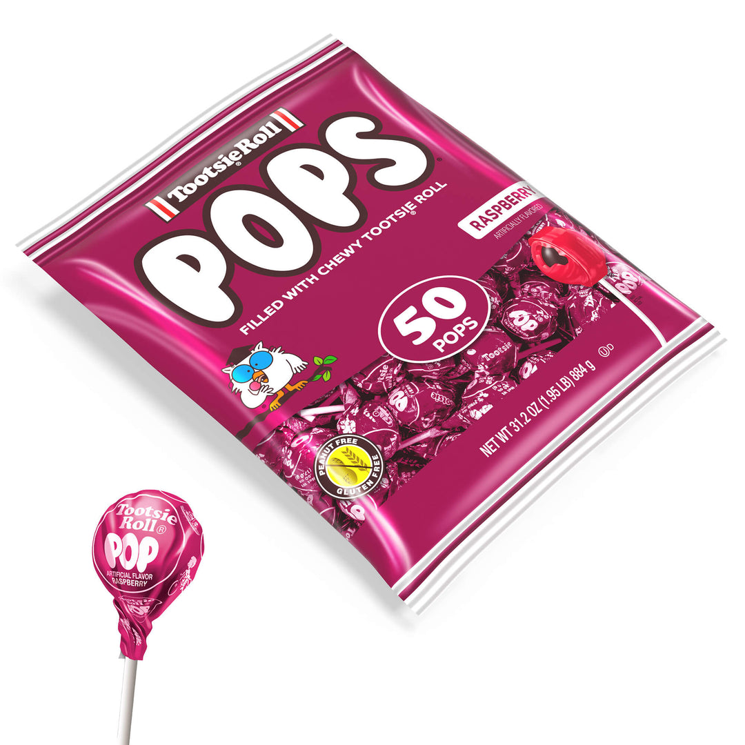 A bag of 50 raspberry Tootsie Roll Pops with a magenta color scheme. The package features the iconic owl mascot and highlights gluten-free content.