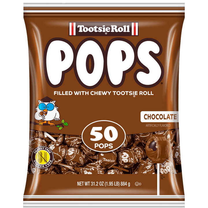 Bag of Tootsie Roll Pops, chocolate flavor, showing 50 pops. Brown packaging features an owl with glasses. Label indicates peanut and gluten-free.