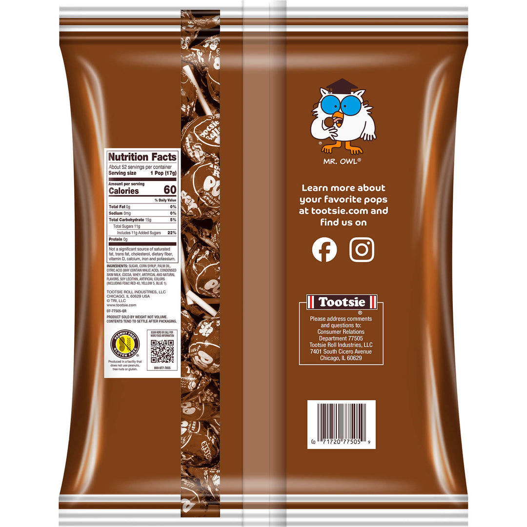 The image shows the back of a Tootsie Pops bag. It is brown with a cartoon owl, Mr. Owl, and social media icons. There's a nutrition facts panel.