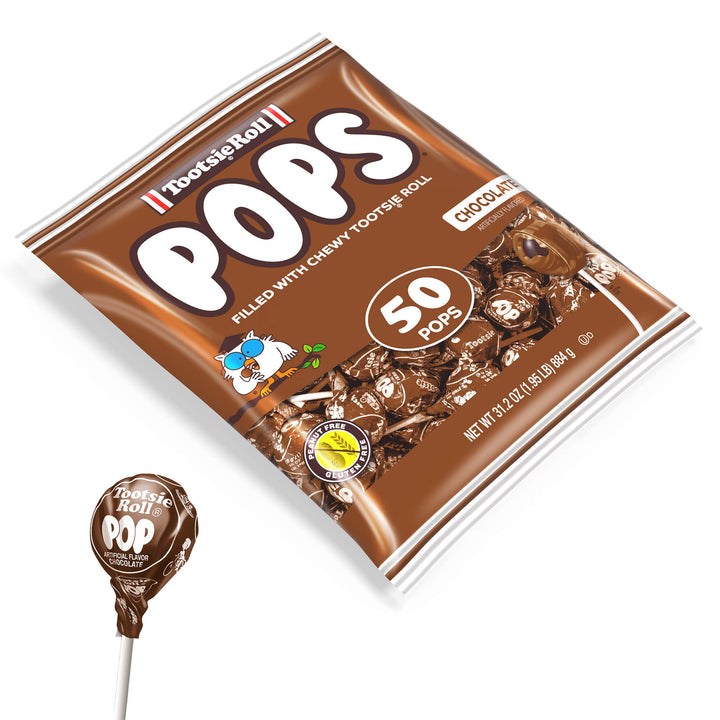 Bag of Tootsie Roll Pops, chocolate flavor, labeled "50 Pops." Features a cartoon owl and gluten-free symbol. One wrapped lollipop shown separately.