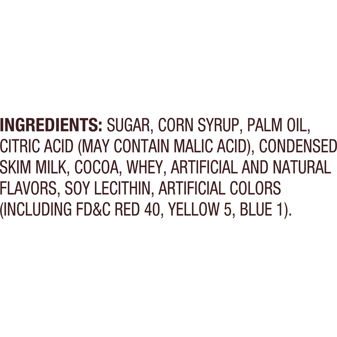 Text image listing ingredients: Sugar, corn syrup, palm oil, citric acid, condensed skim milk, cocoa, whey, flavors, soy lecithin, and colors.