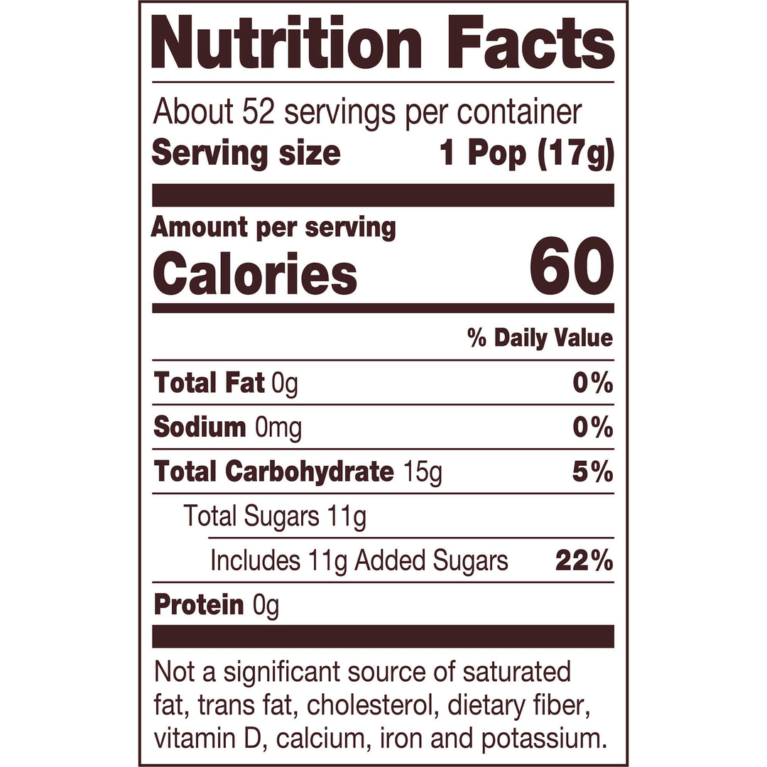 Nutrition label showing 60 calories per serving. No fat, sodium, or protein. Contains 15g carbs, 11g sugars, and 22% daily value of added sugars.
