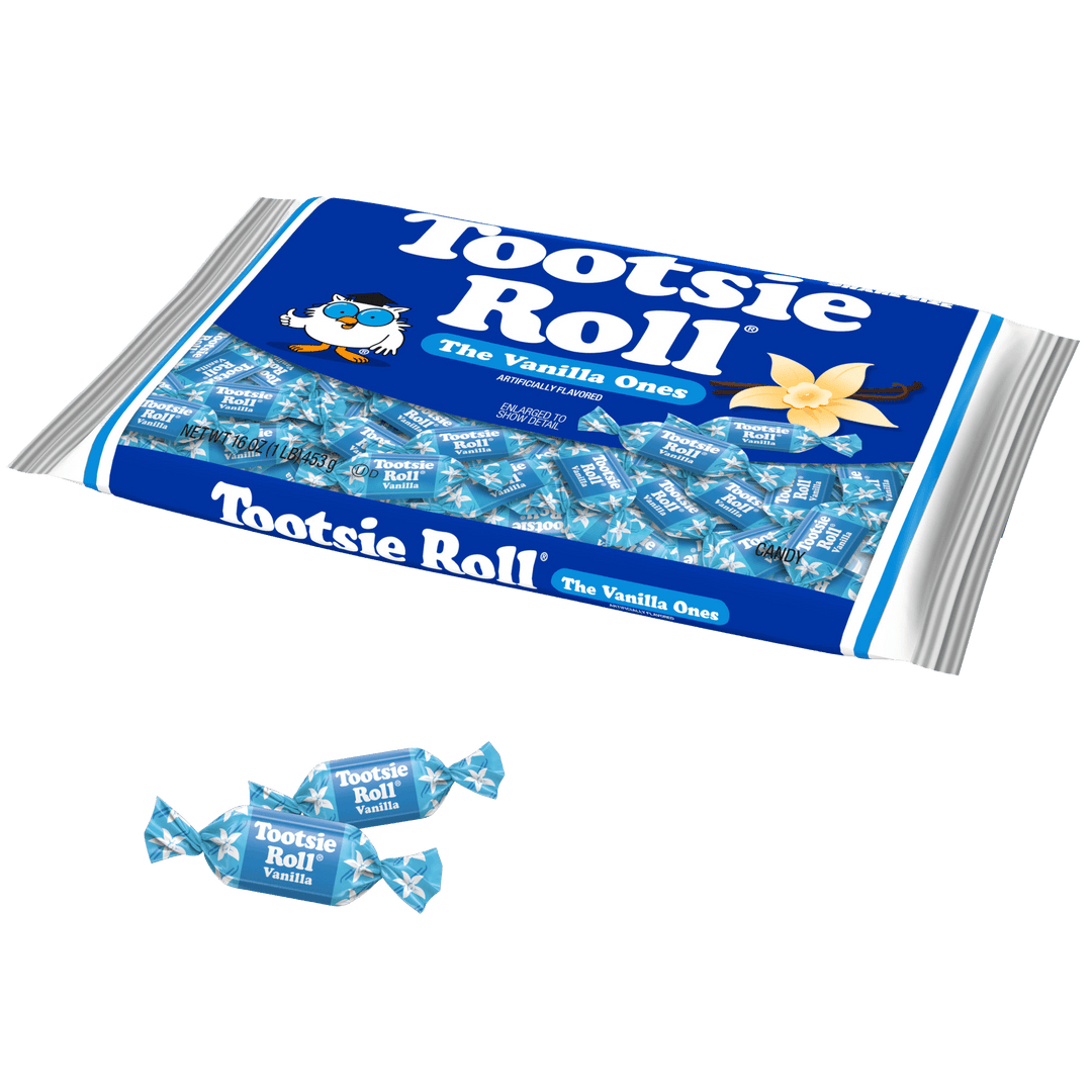 A bag of Tootsie Roll Vanilla Ones candy is shown on a black background, with three individually wrapped candies placed below the bag.