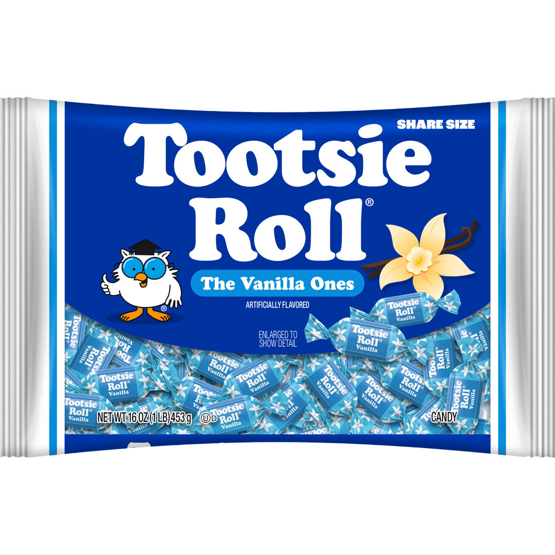 A share-size bag of Tootsie Roll The Vanilla Ones candy, featuring a bright blue label with white branding, a cartoon owl, and a vanilla flower, with wrapped candies visible along the bottom.