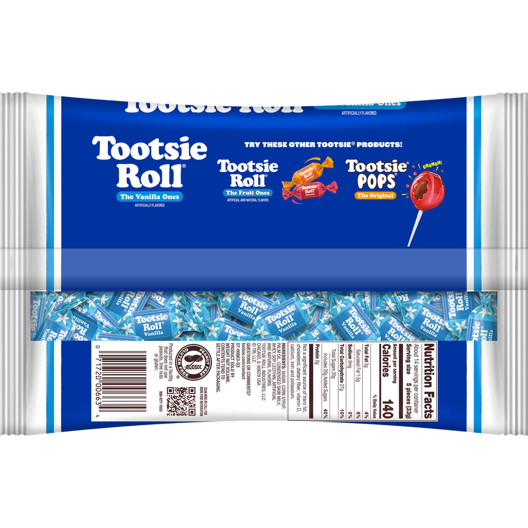 A package of Tootsie Roll candy shown front and back, with the front featuring a blue label and the back showing the nutrition panel and product details.