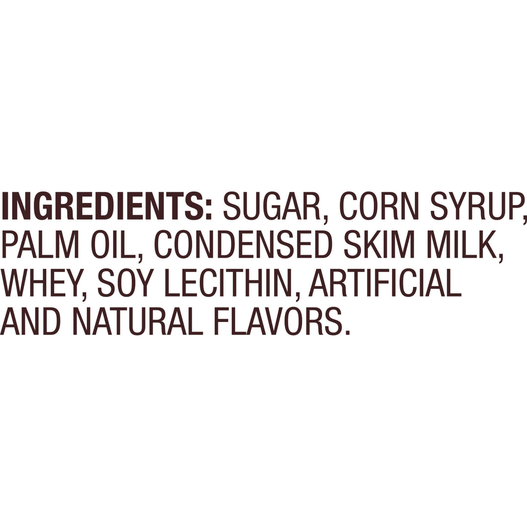 A text-only graphic on a white background listing ingredients: sugar, corn syrup, palm oil, condensed skim milk, whey, soy lecithin, artificial and natural flavors.