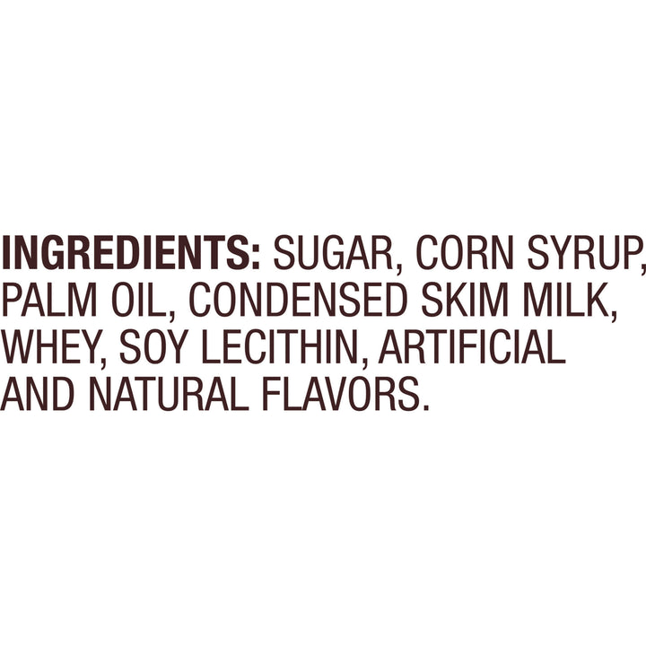 A text-only graphic on a white background listing ingredients: sugar, corn syrup, palm oil, condensed skim milk, whey, soy lecithin, artificial and natural flavors.