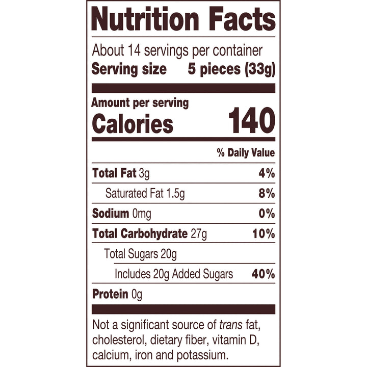 A Nutrition Facts label showing serving size, calories, and nutrient information for a product, with text reading 'About 14 servings per container', 'Serving size 5 pieces (33g)', and 'Calories 140'.