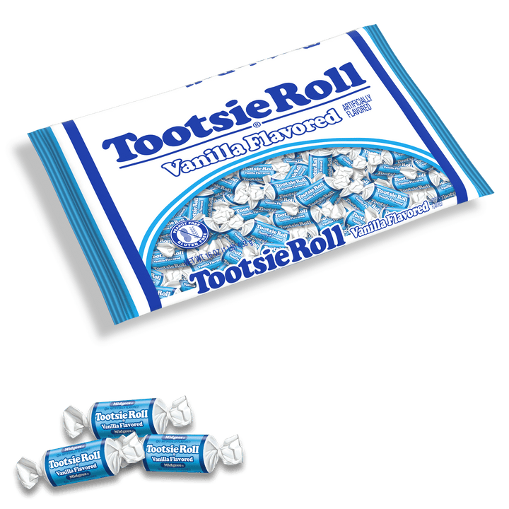 Tootsie Roll Vanilla Midgees (16 oz. Bag) with candies next to it