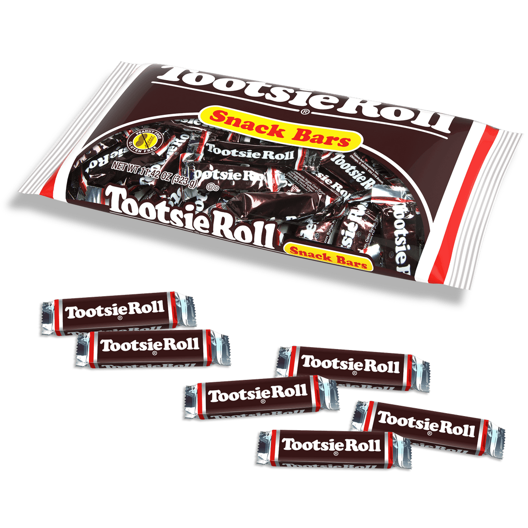 Tootsie Roll Snack Bars (11.4 oz. Bag) with candies next to it