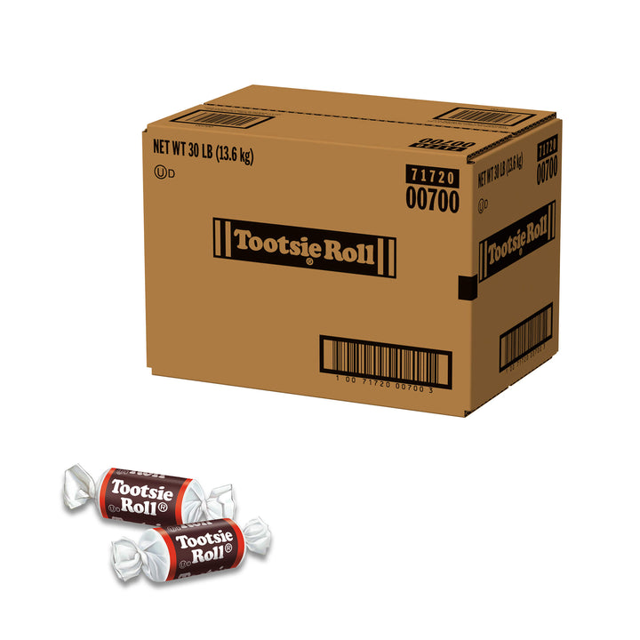 Large cardboard box of Tootsie Roll candy with two individual rolls displayed below on a white background.