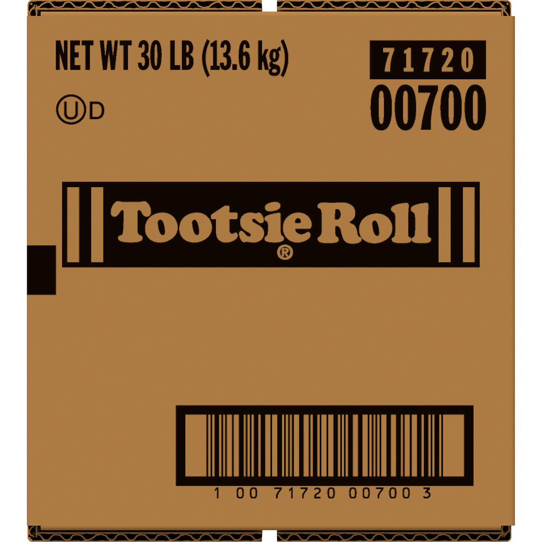 Brown cardboard box with Tootsie Roll branding and product details.