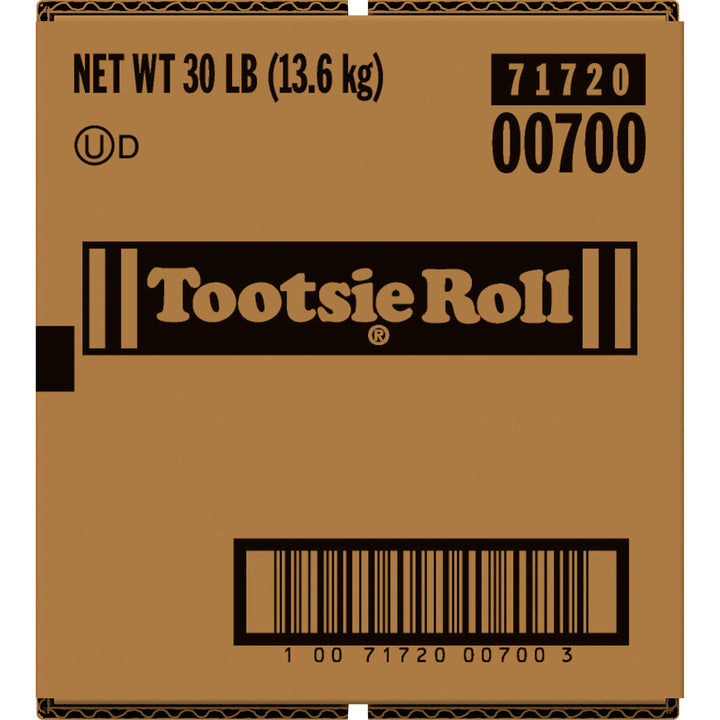 Brown cardboard box with Tootsie Roll branding and product details.