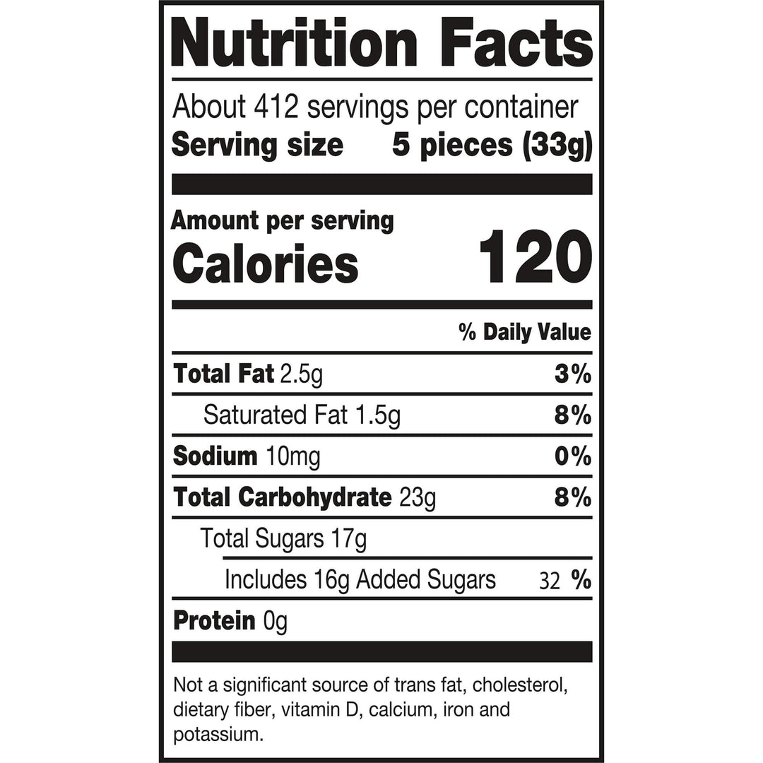 Nutrition facts label for a food product with serving size, calories, and nutritional content details.