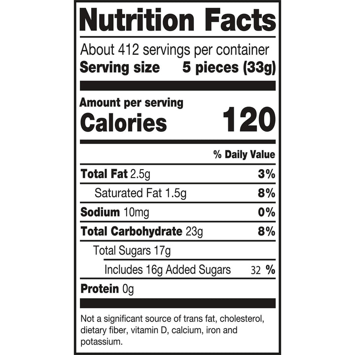 Nutrition facts label for a food product with serving size, calories, and nutritional content details.
