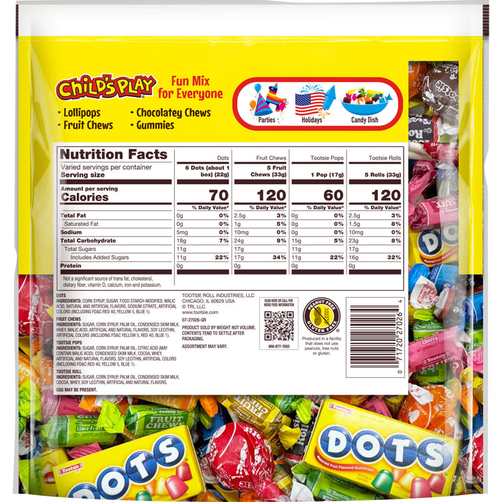 Tootsie Roll Assorted Child's Play  (26 oz. Bag) Nutrition Facts Panel
