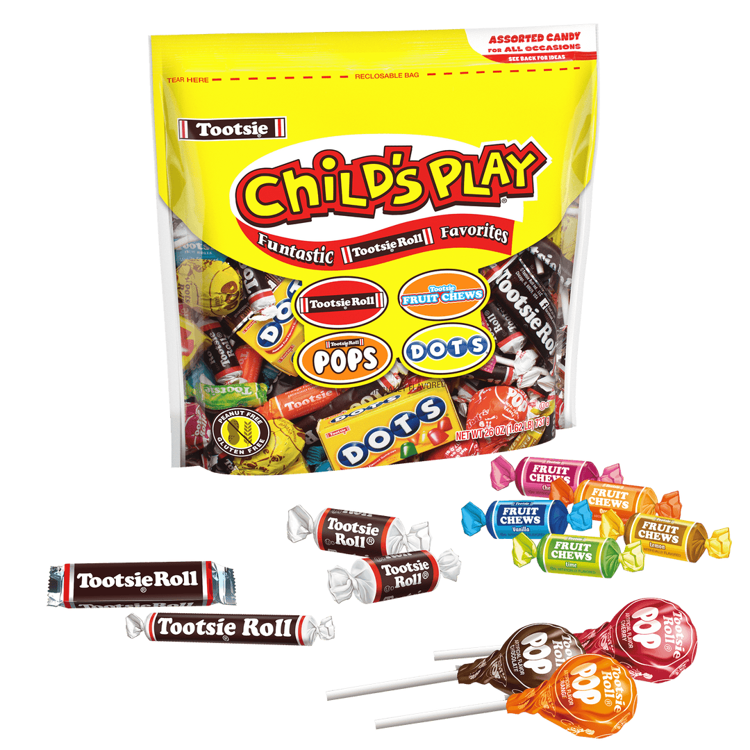 Tootsie Roll Assorted Child's Play  (26 oz. Bag) with candies in front of bag